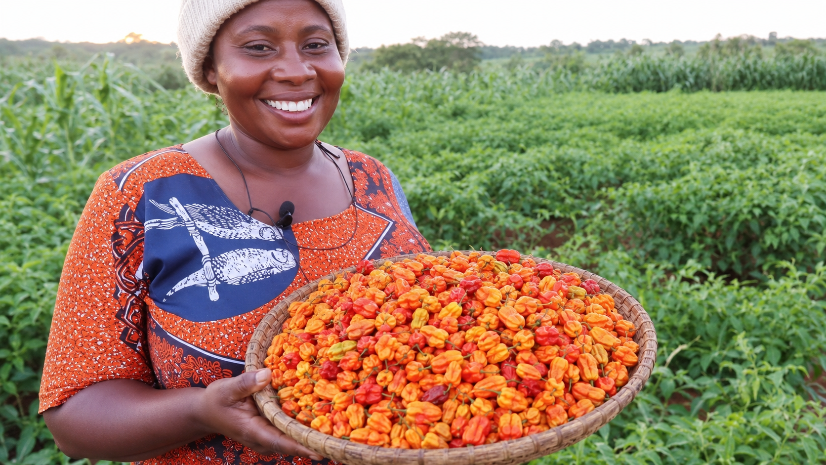 Mrs Chioma holding a basket of Nssuka Yellow Peppers