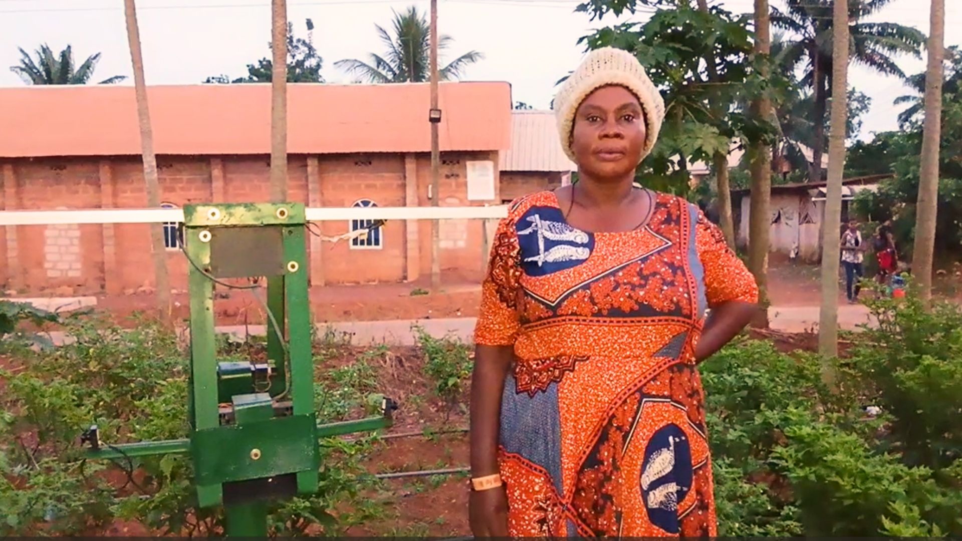 Mrs. Chioma stands in her pepper field beside the solar-powered system