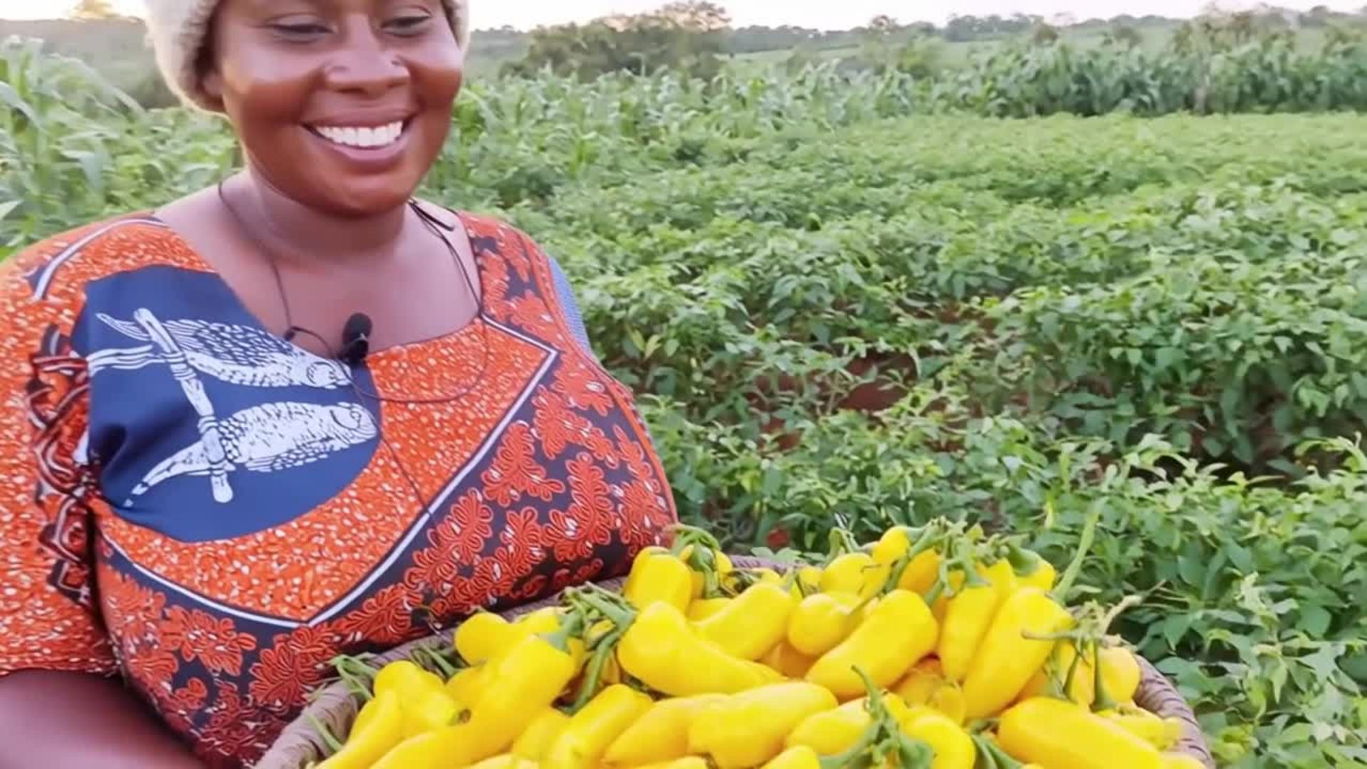 Mrs Chioma holding a basket of Nssuka Yellow Peppers